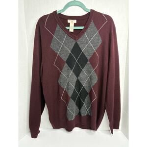 Dockers Men's Pullover Sweater Top V-Neck Large Argyle Burgandy